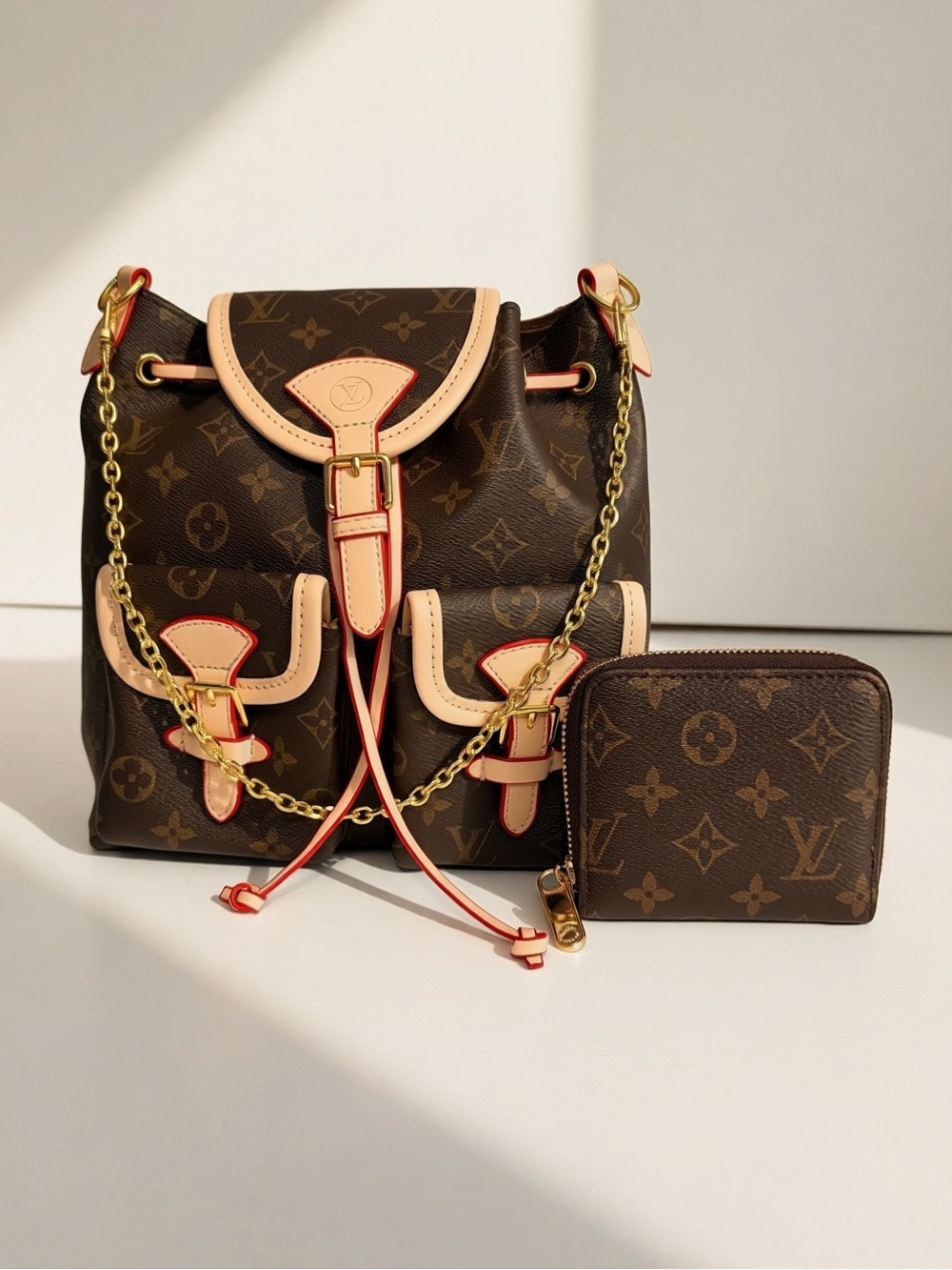 Brown Monogram Drawstring Backpack with Beige Trim